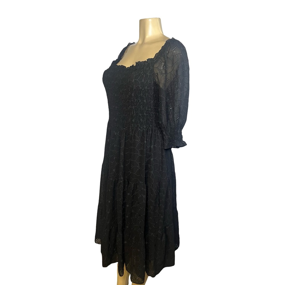 Baltic Born Black Eyelet Smocked Tiered Midi Dress 2XL Square Neck Puff Sleeve